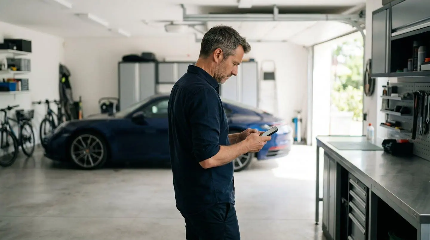 Propriétaire dans son garage consultant son téléphone avec véhicule sportif en arrière-plan