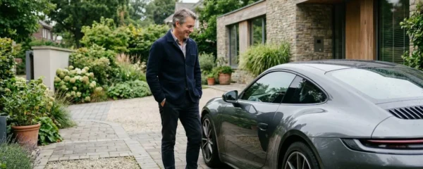 Propriétaire admirant sa voiture de sport dans l'allée d'une maison moderne