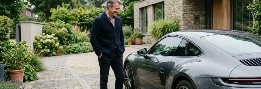 Propriétaire admirant sa voiture de sport dans l'allée d'une maison moderne