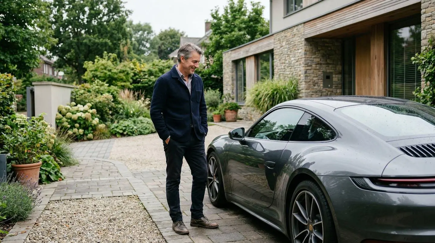 Propriétaire admirant sa voiture de sport dans l'allée d'une maison moderne